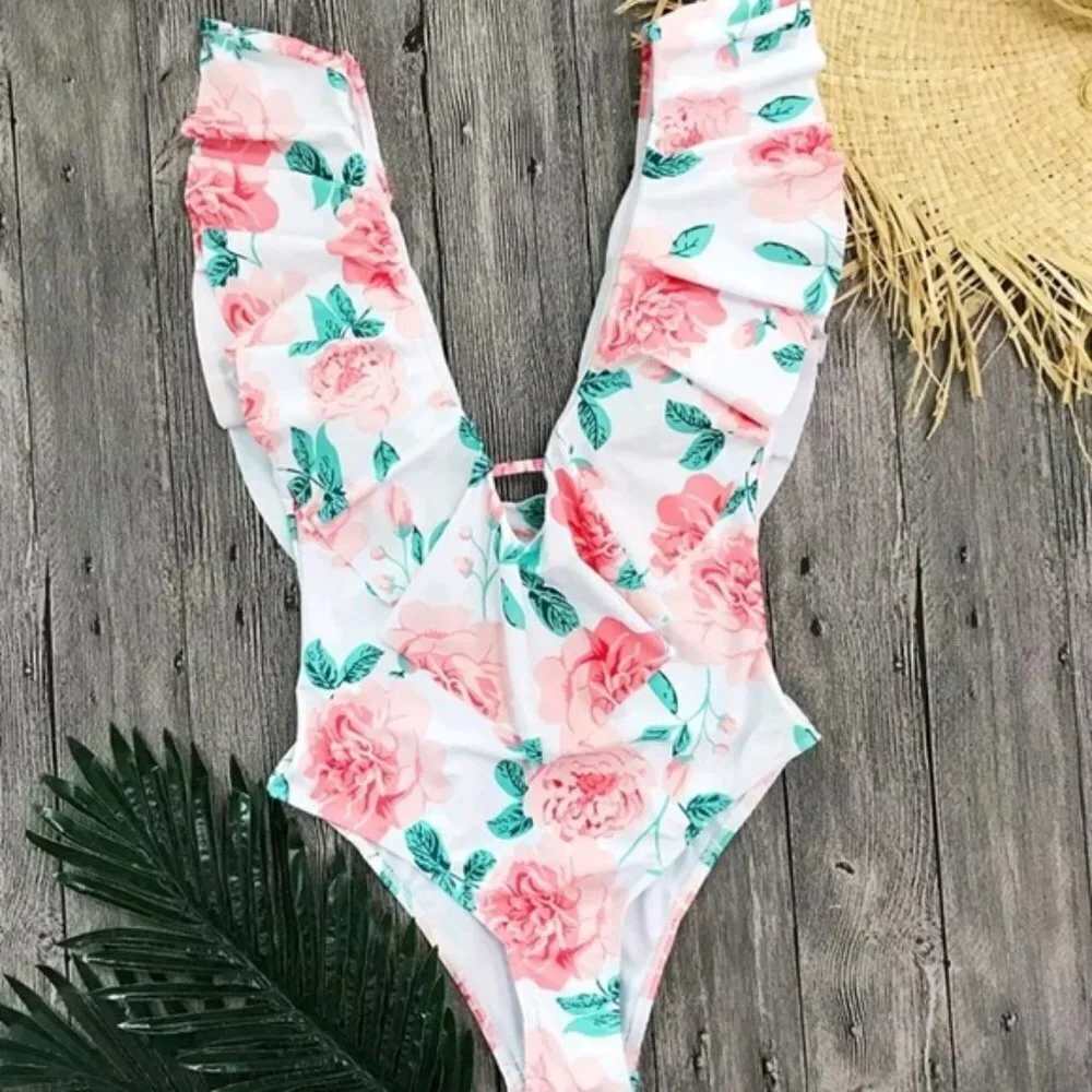 New Festival Roses Print Plunge Front Swimsuit